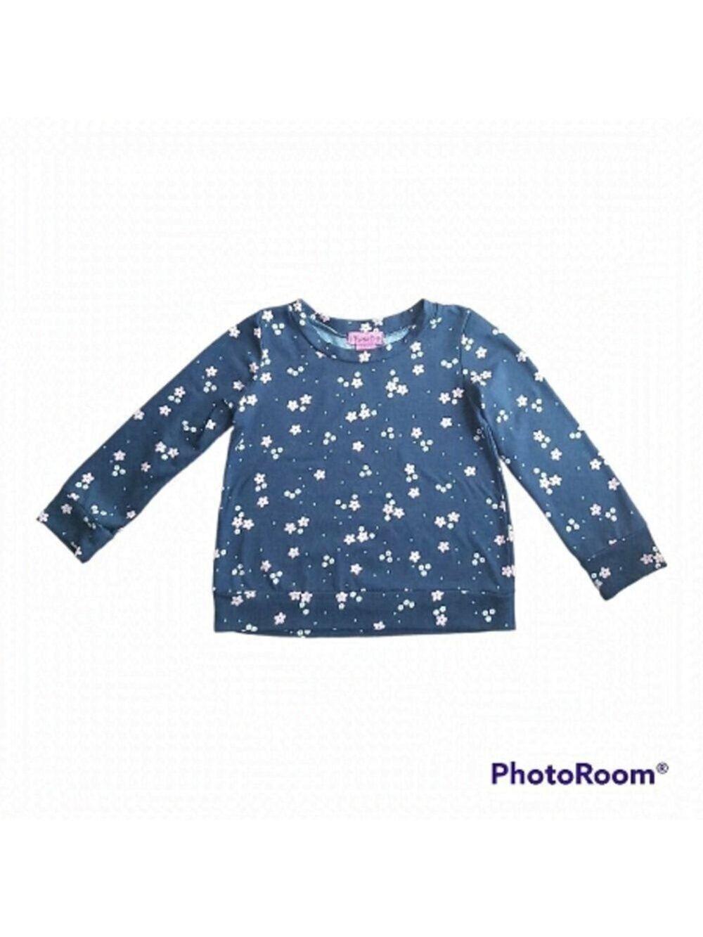 MUMU Coco Girls 6X Long Sleeved Dark Blue Shirt With Little Pink Flowers